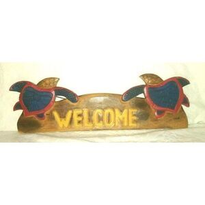 Turtle Welcome Sign Hand Carved Wood Painted 21.5" x 7.5"